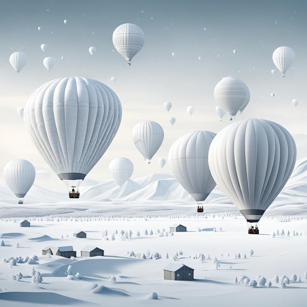 White Hot Air Balloons in Winter Landscape