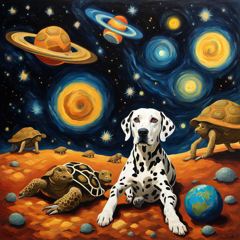 Dalmatian and Tortoises in Space, Van Gogh Style