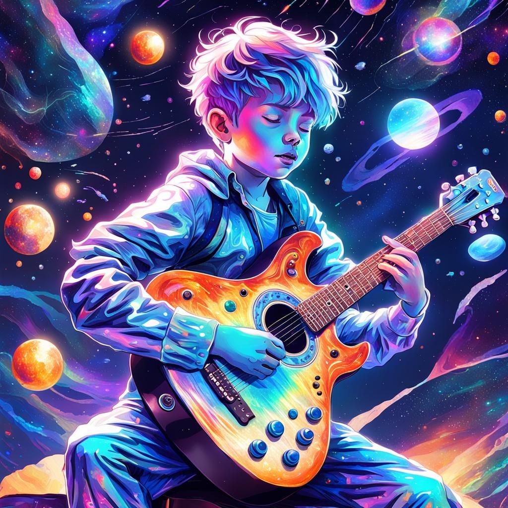 Boy Plays Guitar in Holographic Cosmic Style