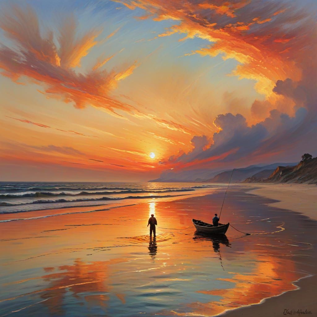 Fisherman at Sunset: Impressionistic Seascape