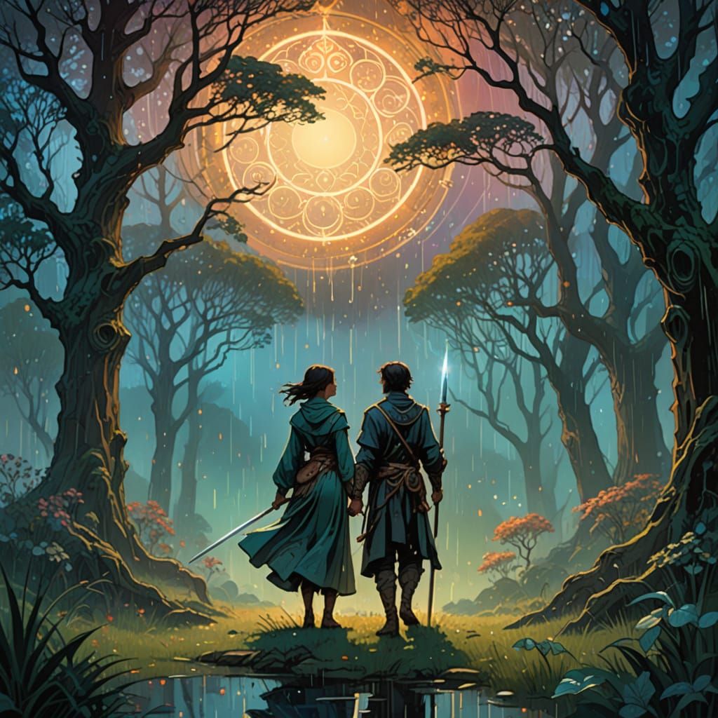 Couple Protected by Tree in Magical Rain, Fantasy Art