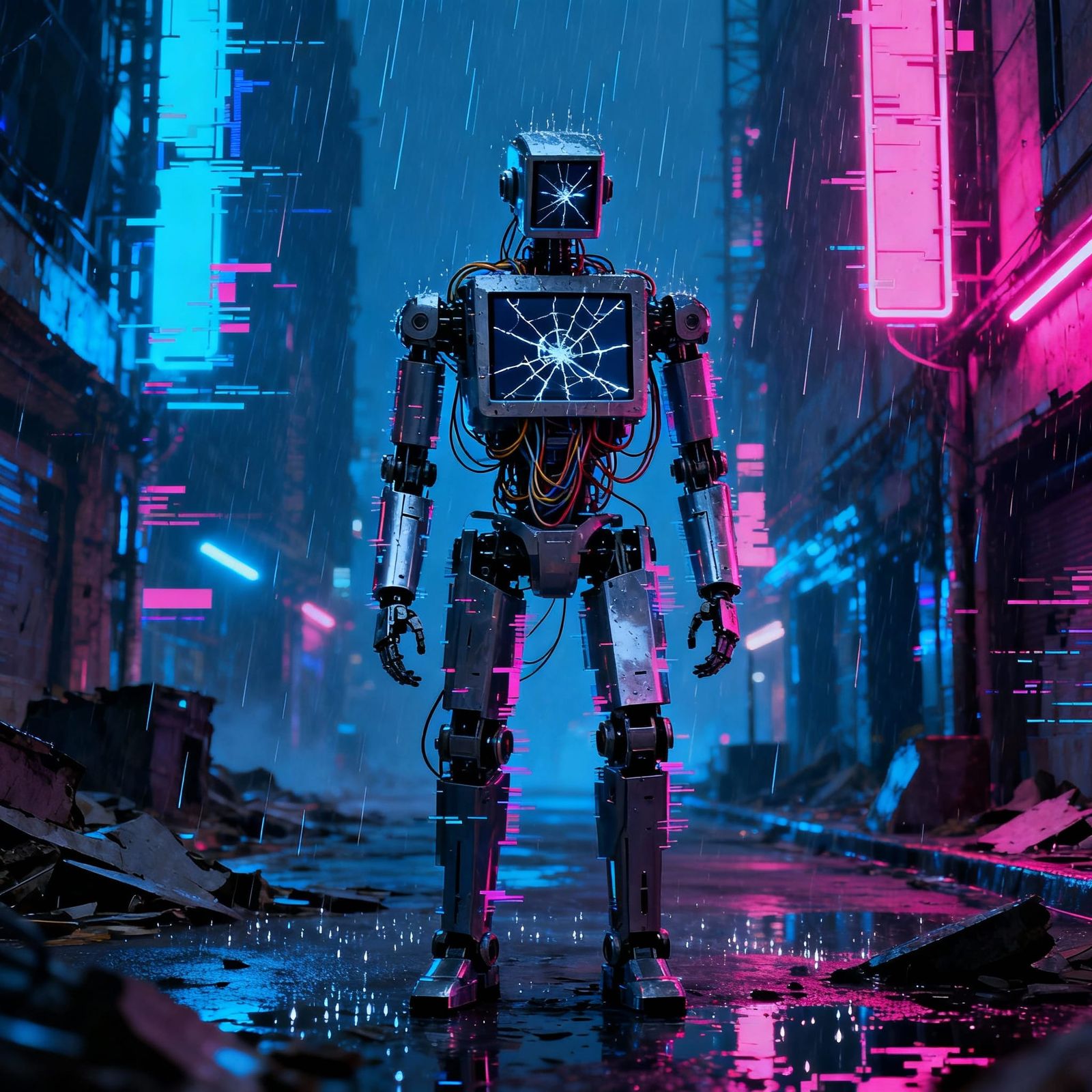 Cyberpunk Robot in Neon City Street