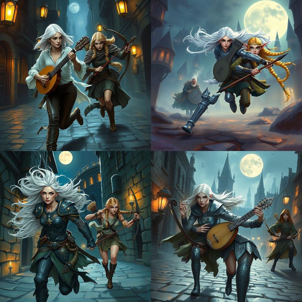Ethereal Aasimar Bard Pursues Elven Ranger Through Moonlit C...