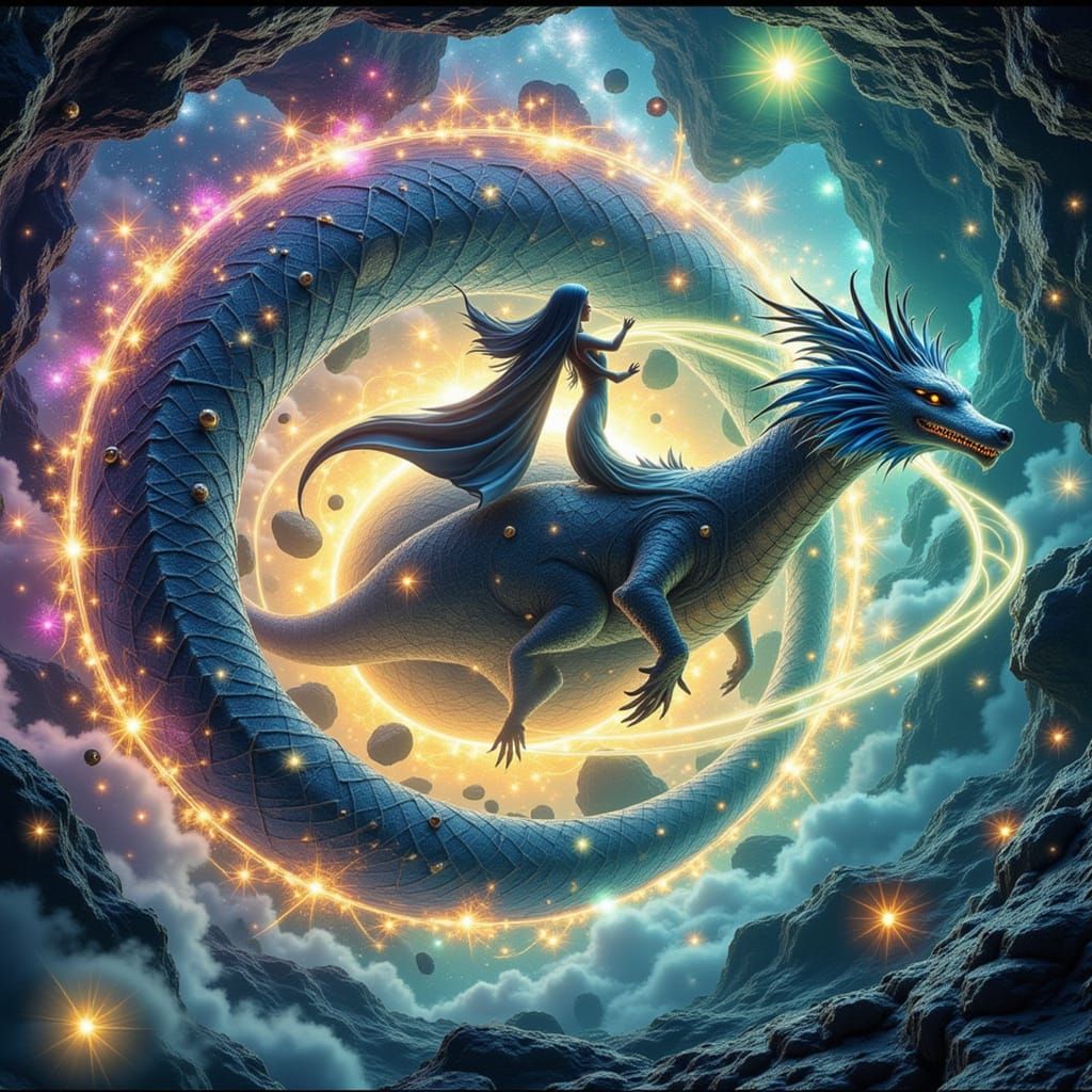 Woman Rides Luminous Dragon Through Cosmic Vortex