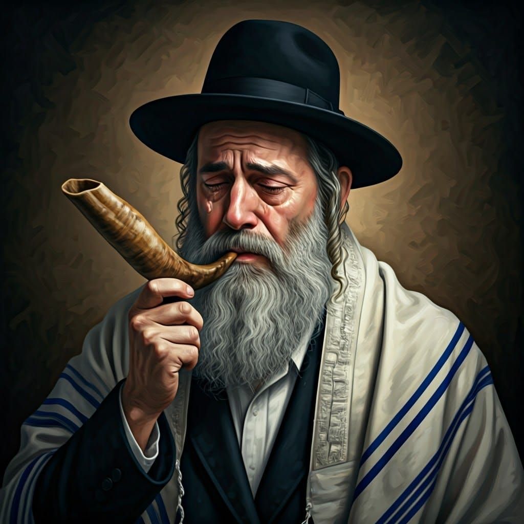 Sorrowful Man Blowing Shofar in Expressive Style