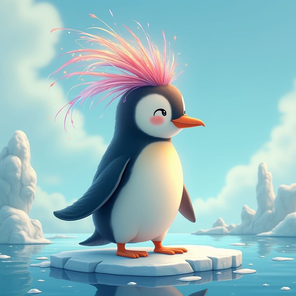 Charming Penguin with Ornate Head Fin on Iceberg
