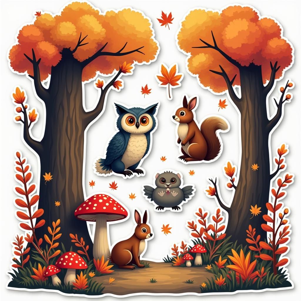 Autumn Forest Animals Stickers in Matte Painting Style