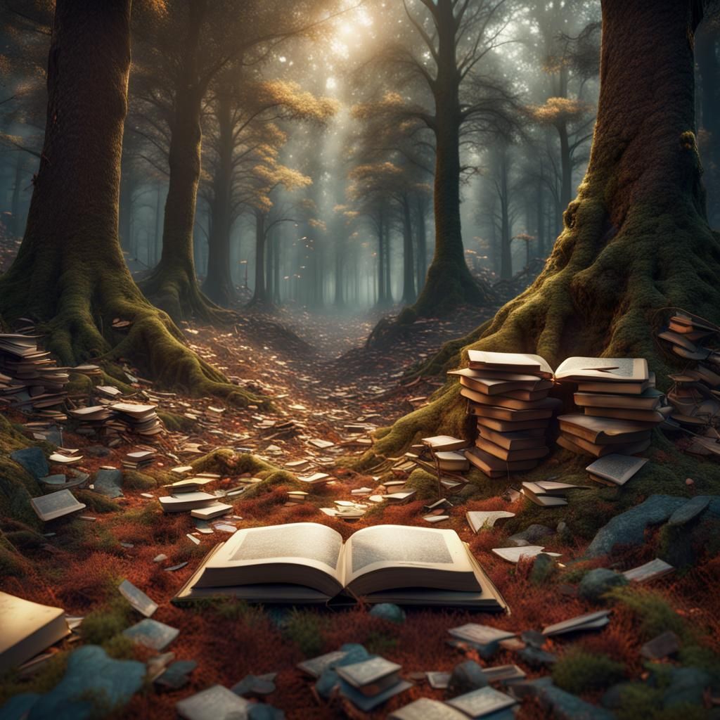 Books Scattered on Forest Floor: Fantasy Concept Art