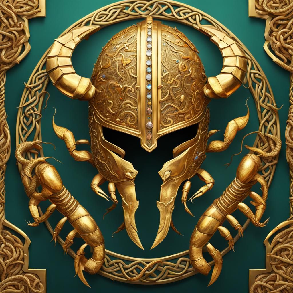 Ornate Golden Celtic Helmet with Snakes and Insects