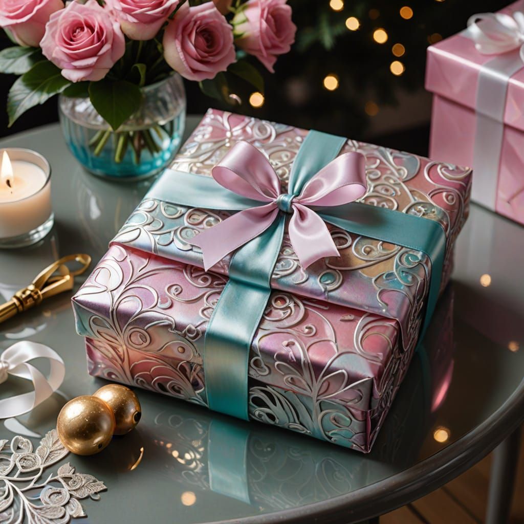 Elegant Gift with Iridescent Pink Wrapping and Ribbon