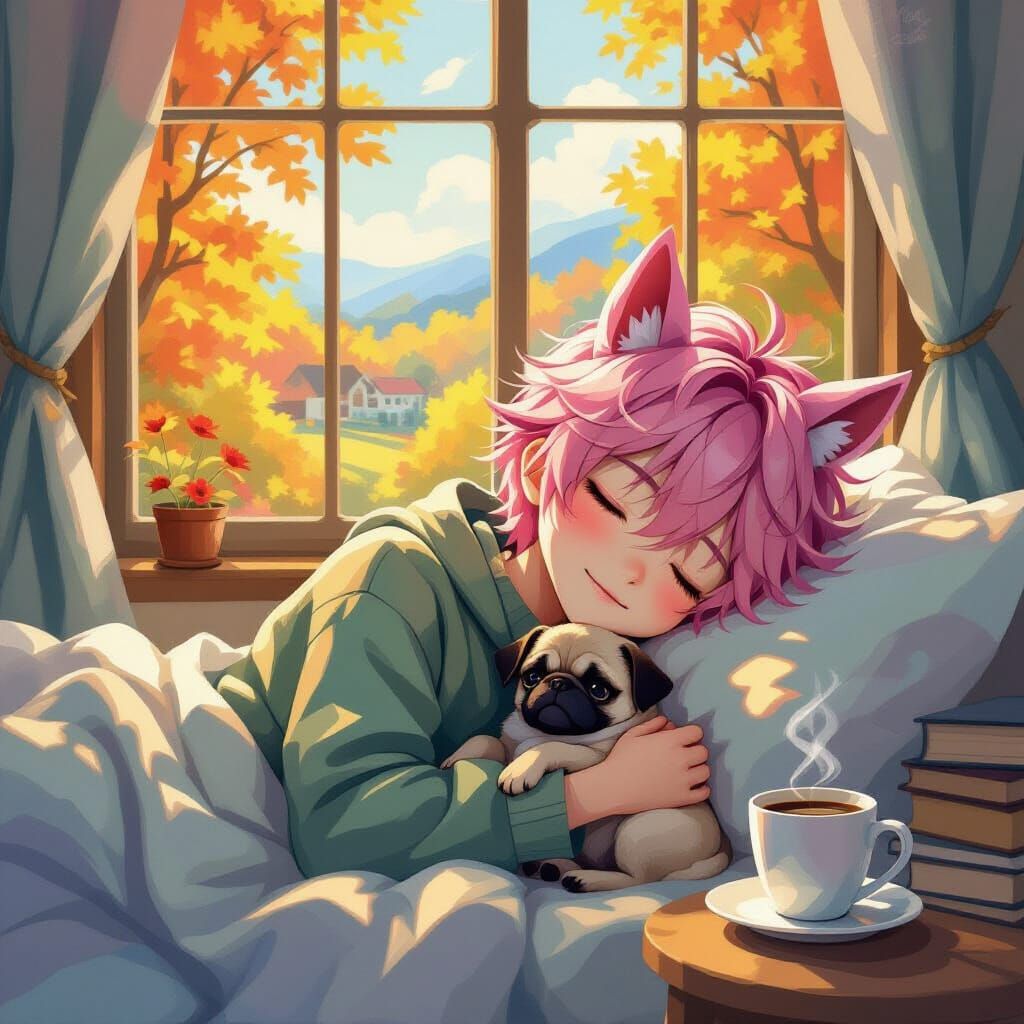 Mystical Anime Boy with Pink Hair and Horse Ears in Cozy Aut...