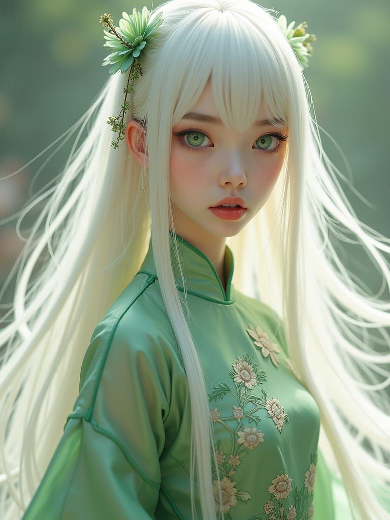 Young Woman in Green Qipao with White Hair