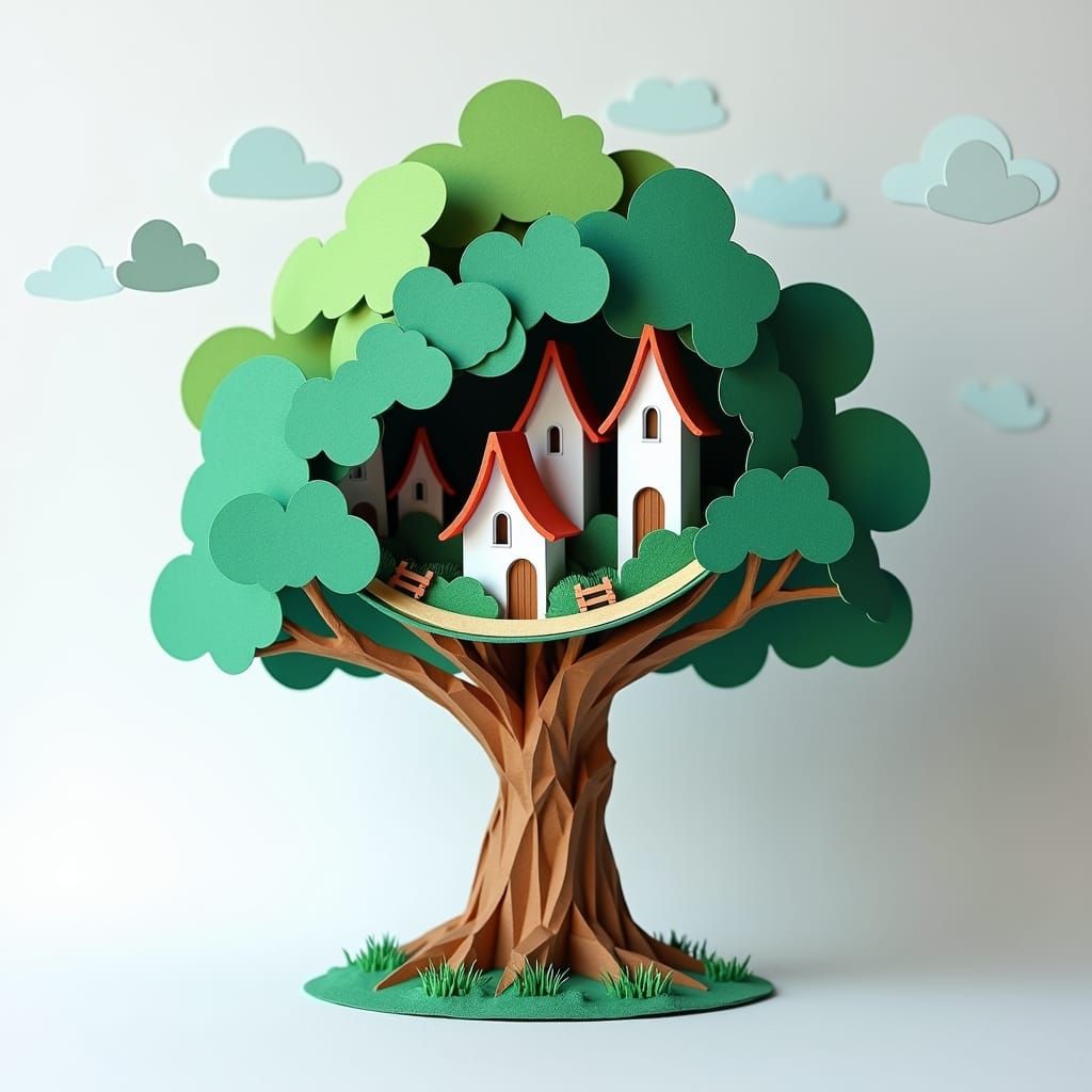 Blueprint of a tree scheme on sectional view with dwarf city cityscape inside a tree , Origami paper folds papercraft, m...