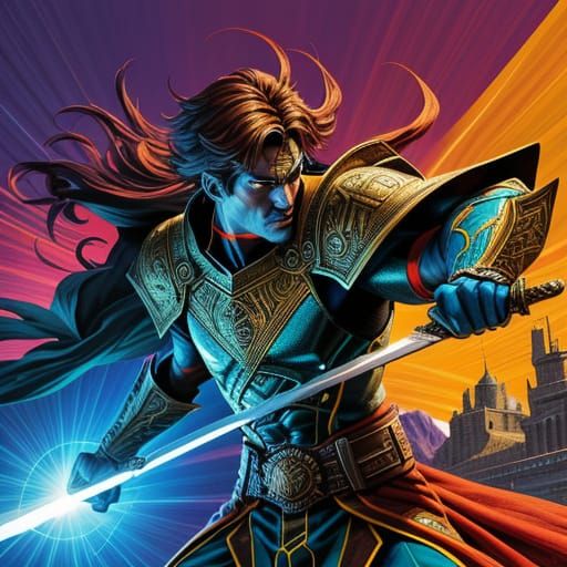 Hero with Sword in Comic Book Style