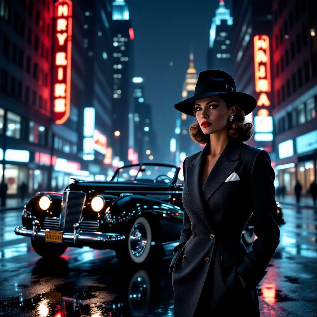 1940s Businesswoman on Rainy City Street at Night