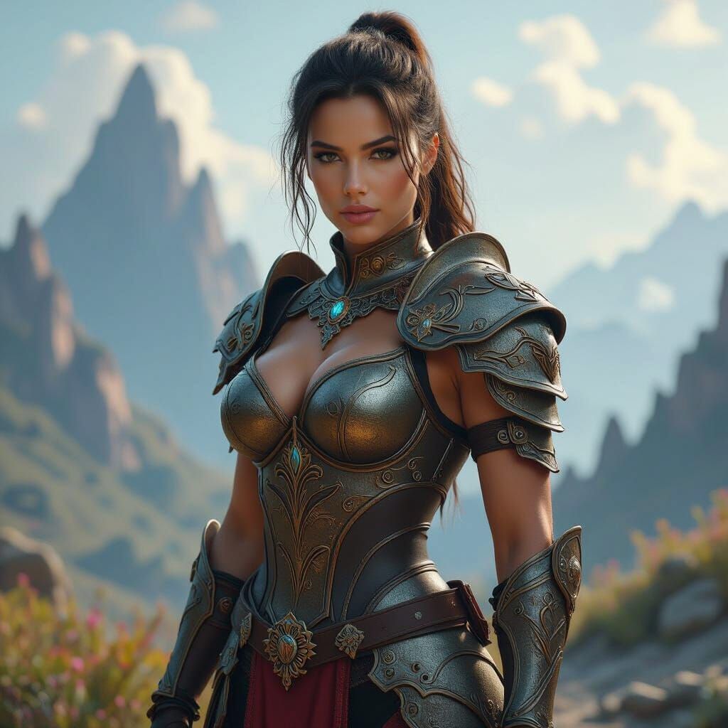 Heroic Armored Woman in Mystical Landscape
