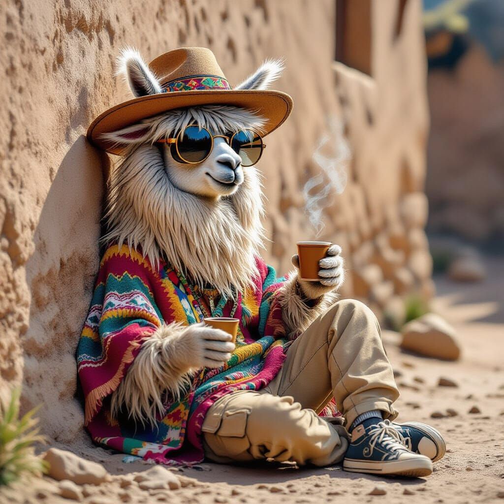 Cool Llama in Peruvian Attire Against Inka Wall