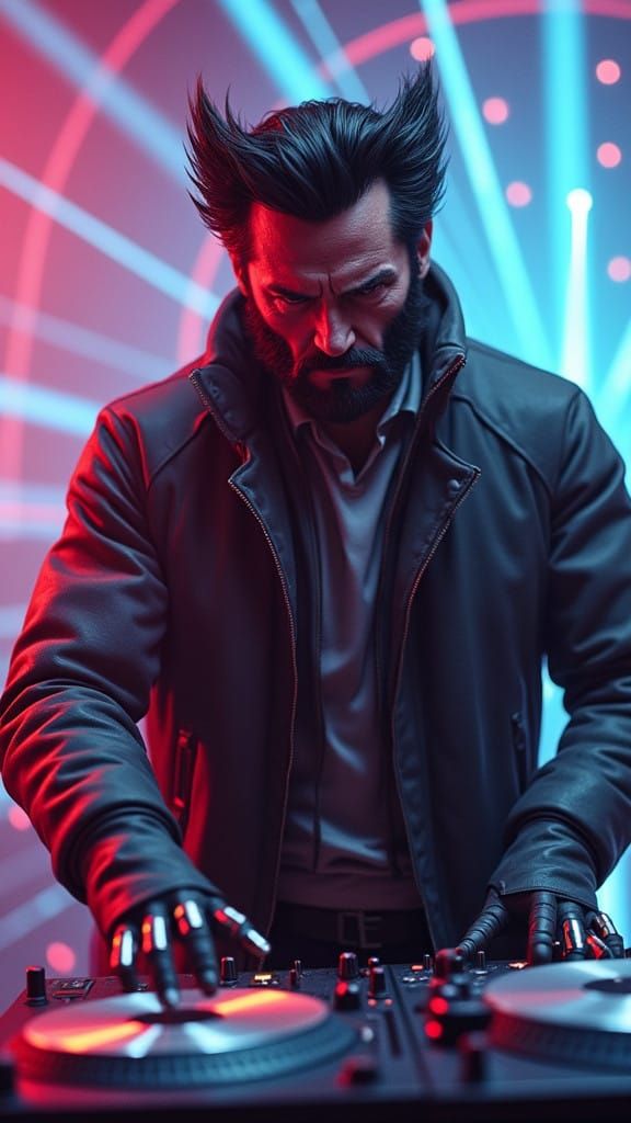 Wolverine in Cyberpunk DJ Setup, Futuristic Disco Scene