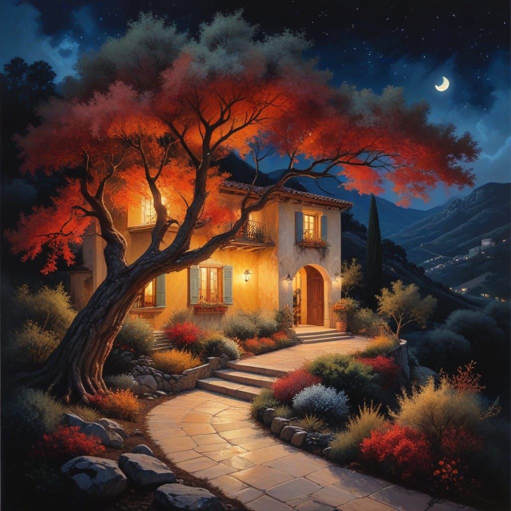 Surreal Mediterranean Villa Night Scene with Majestic Oak Tr...