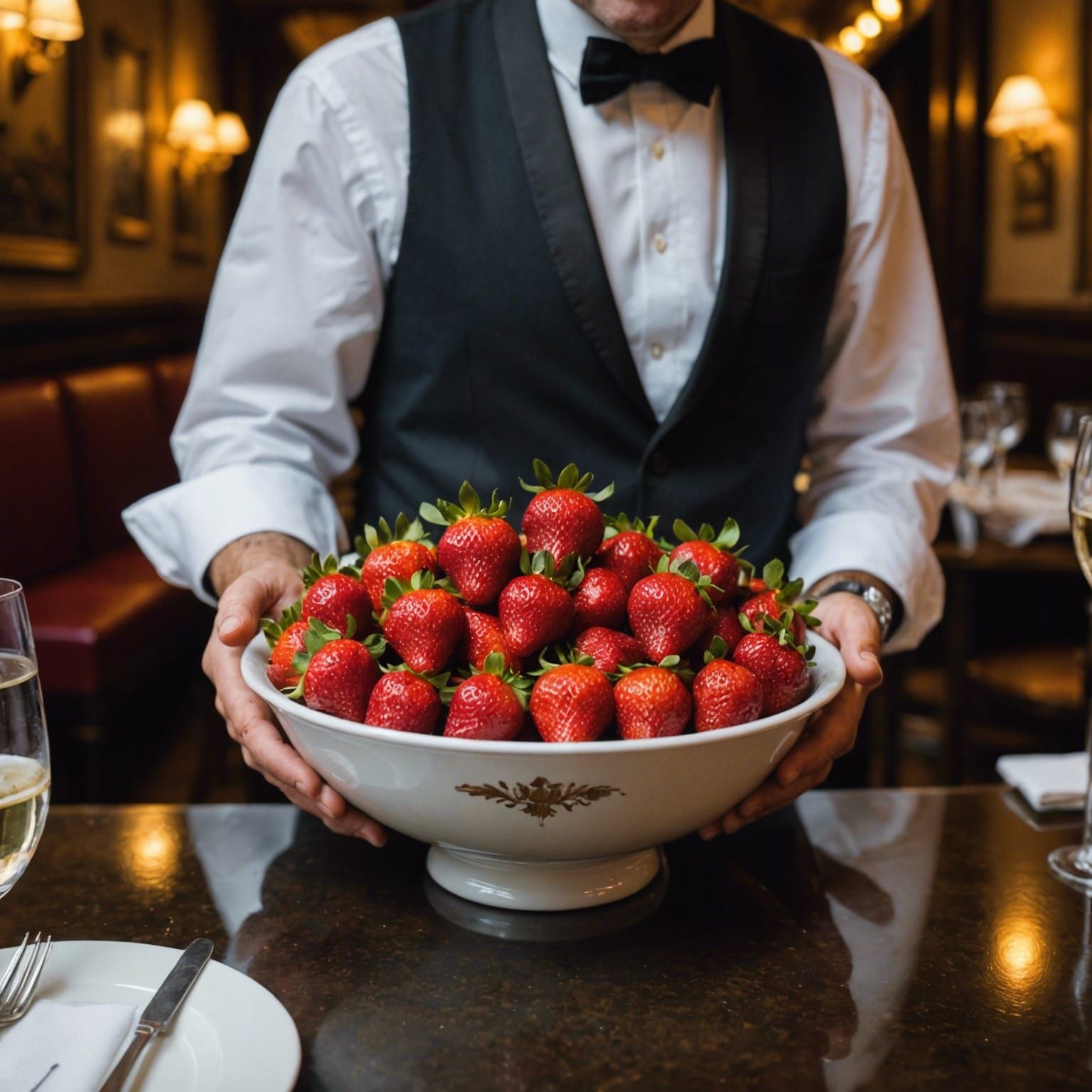Strawberries Arrive at French Restaurant Table