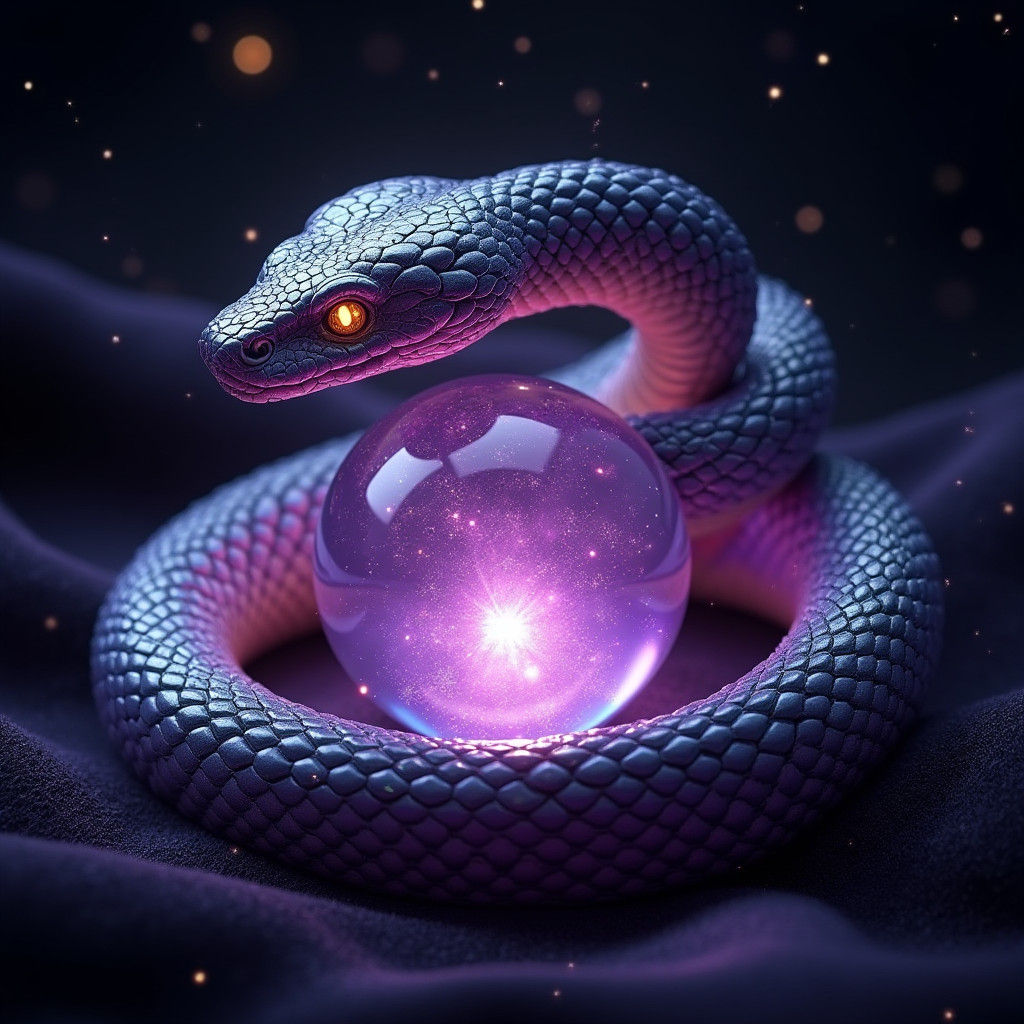 Iridescent Purple Snake Coiled Around Crystalline Orb