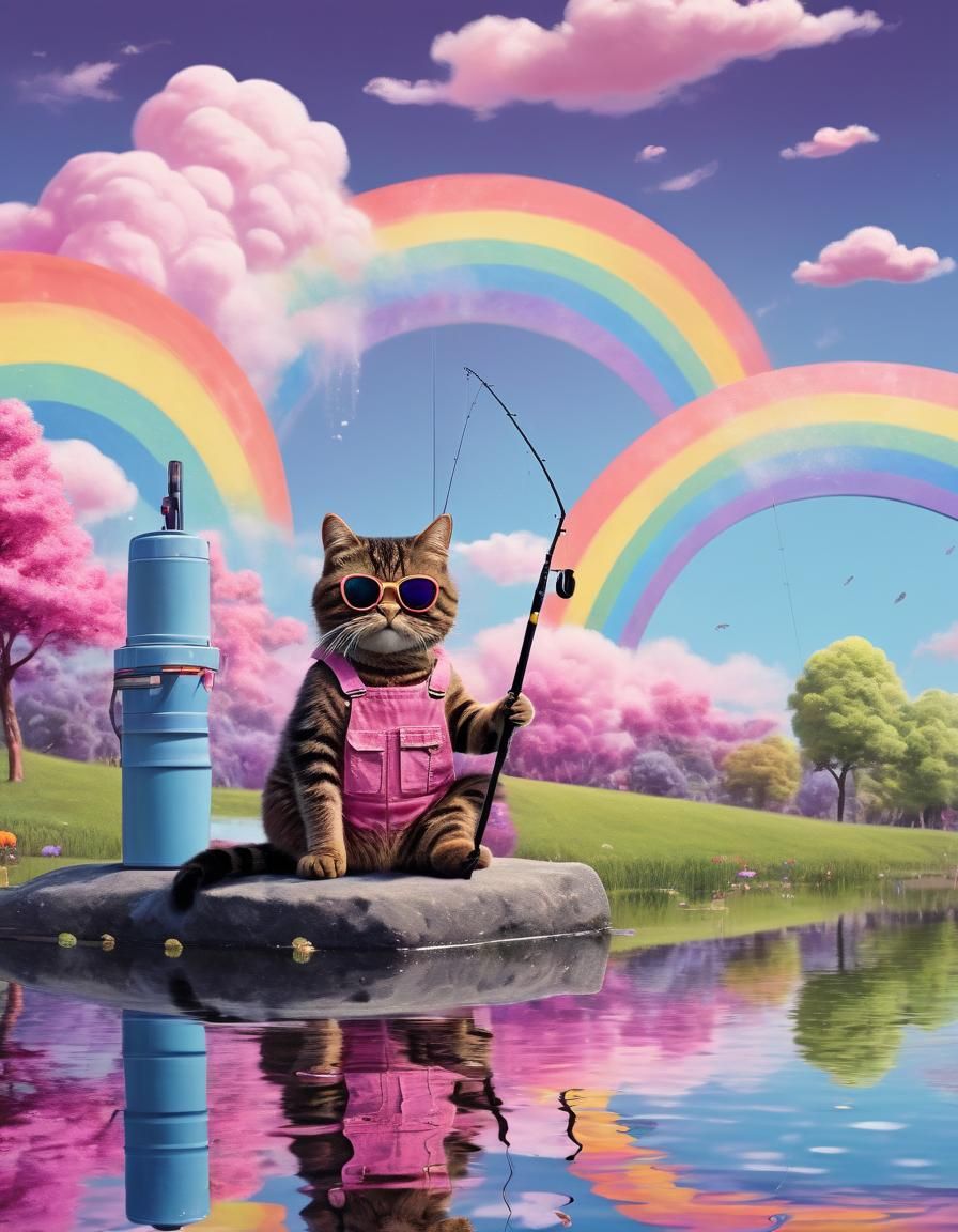 Tabby Cat Fishing in Rainbow Pond, Expressionist Watercolor