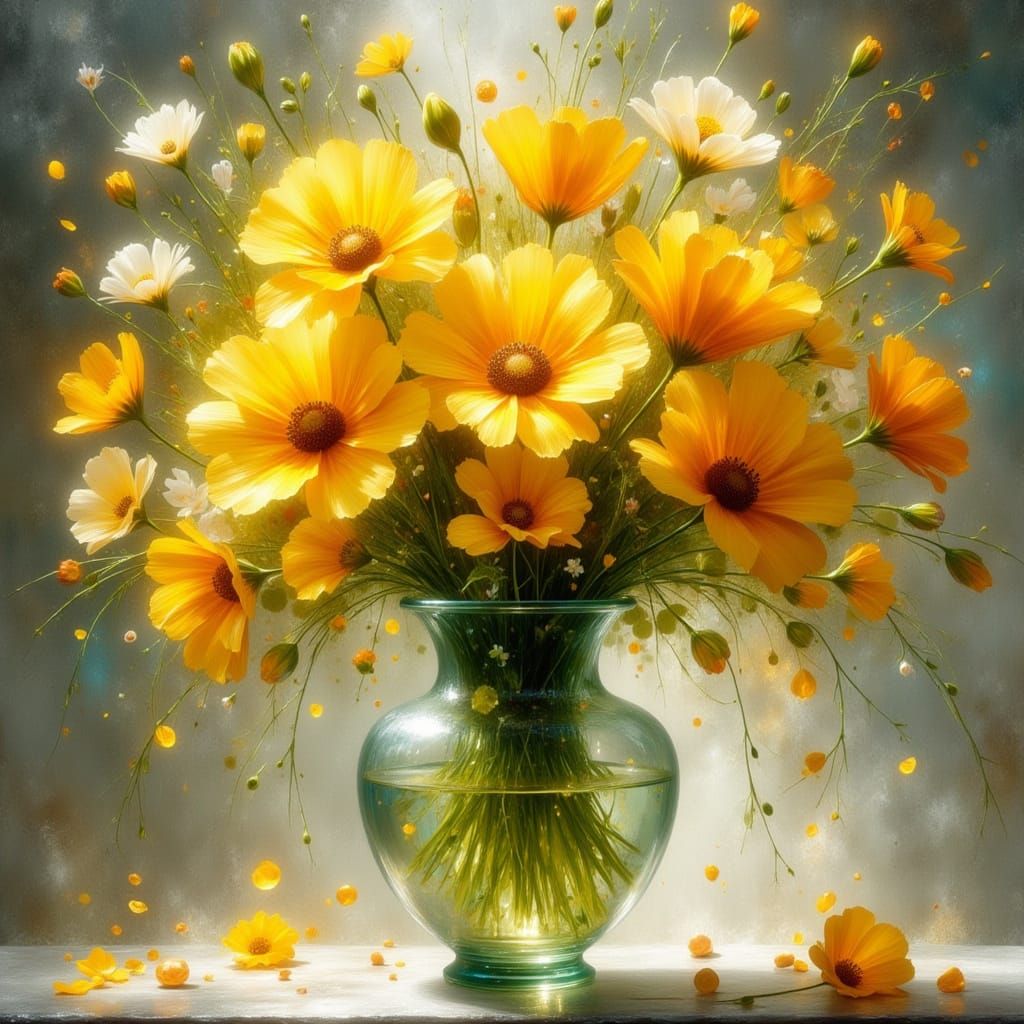 Crystal Vase with Yellow Flowers in Art Nouveau Style