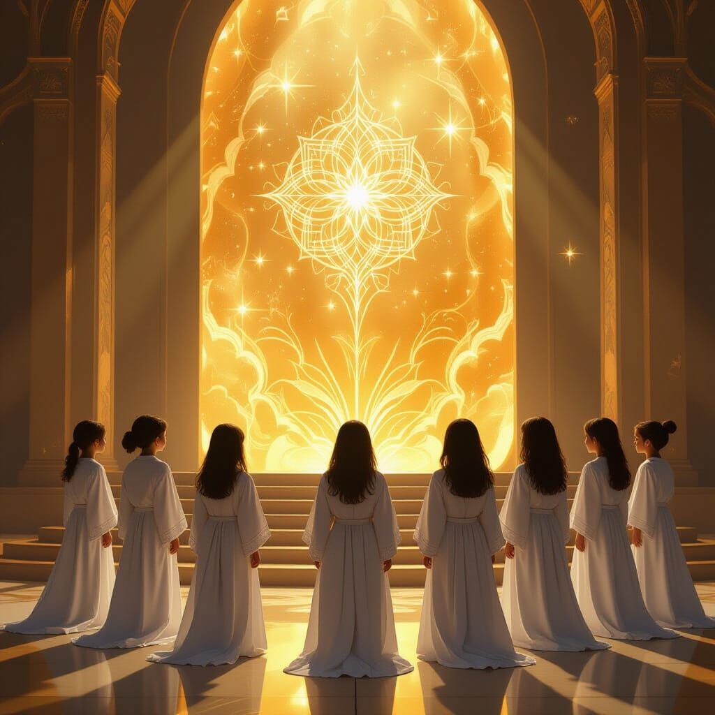 Children in White Robes Before Luminous Amber Altar