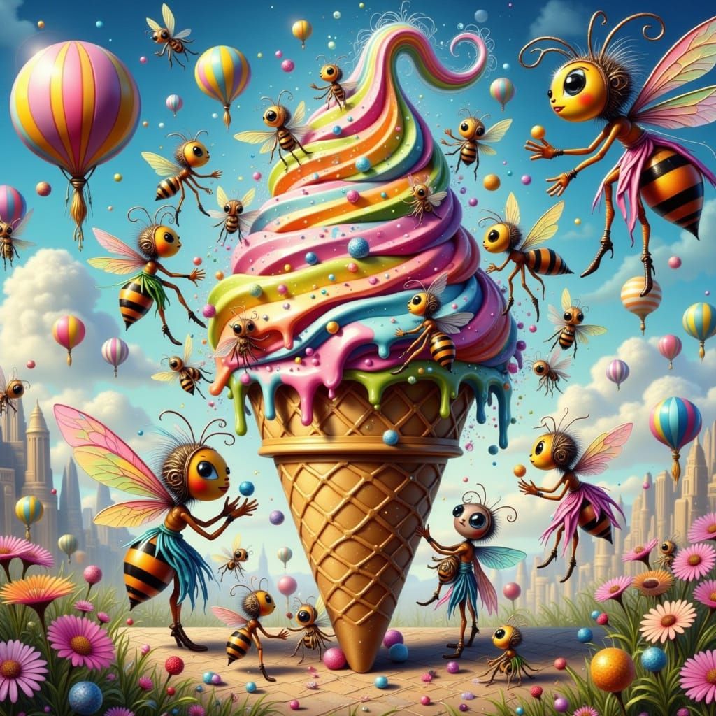 Ants in Whimsical Carnival Attire Collaborate Around a Giant...