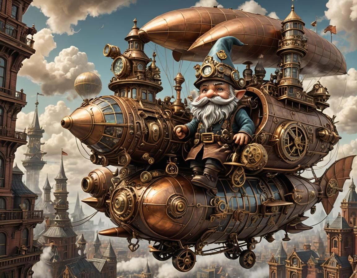 Steampunk Gnome Pilots in Clockwork Airship