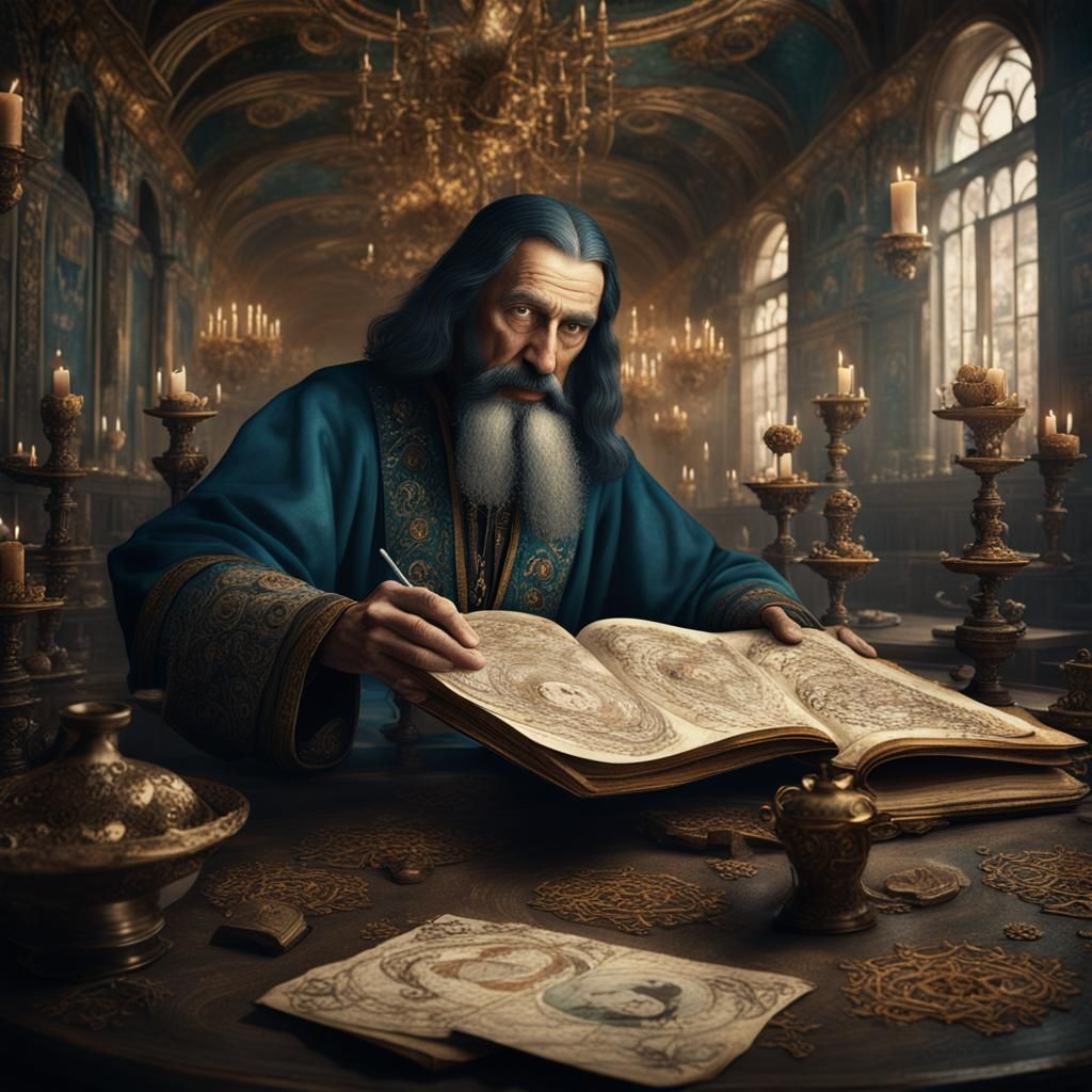 Rasputin with Voynich Manuscript: Detailed Matte Painting