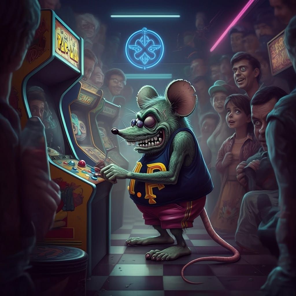 Rat Fink Mouse Plays Pac-Man in Ed Roth Style