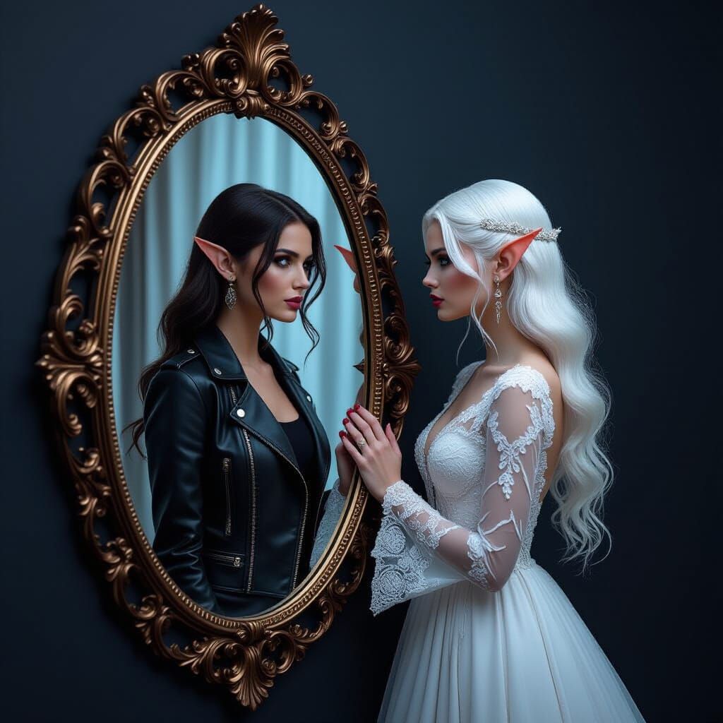 Ornate Mirror Connects Two Women in Fantasy Setting