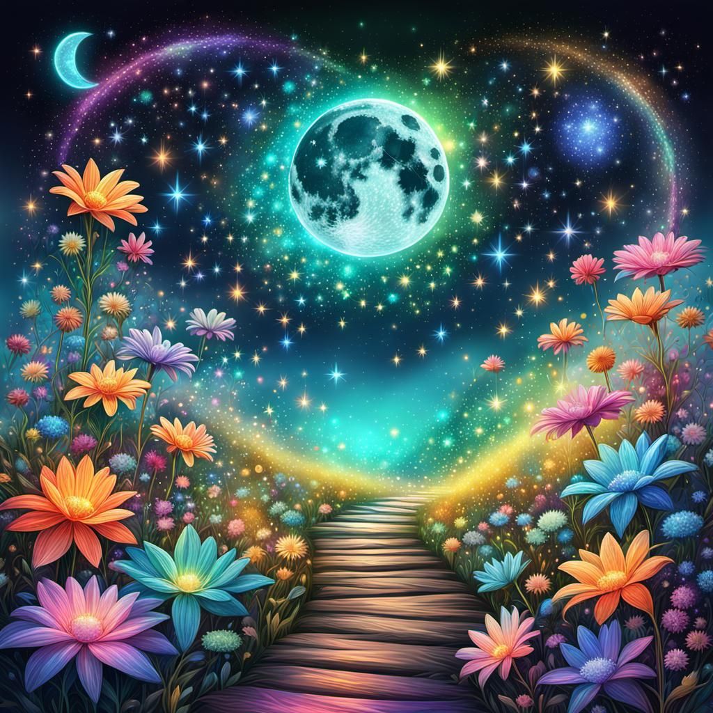 Magical Celestial Dream: Rainbow Path Under Stars