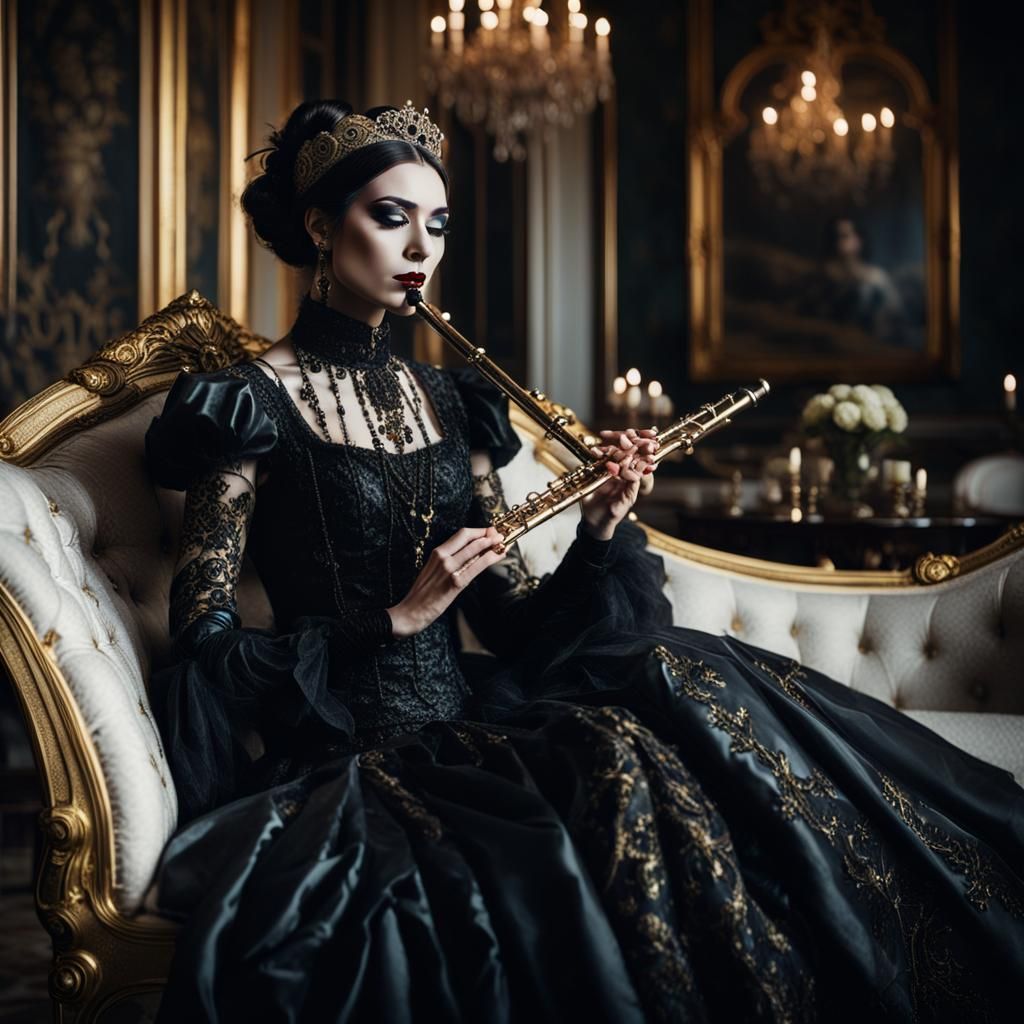 Gothic Girl Playing Flute in Baroque Palace