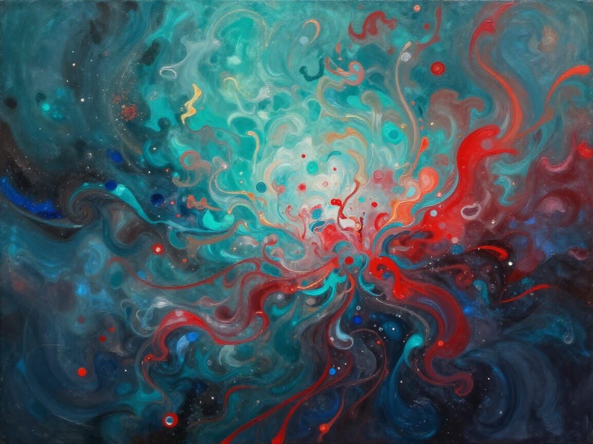 Crimson Floral Surrealism in Teal Galactic Abstract Art