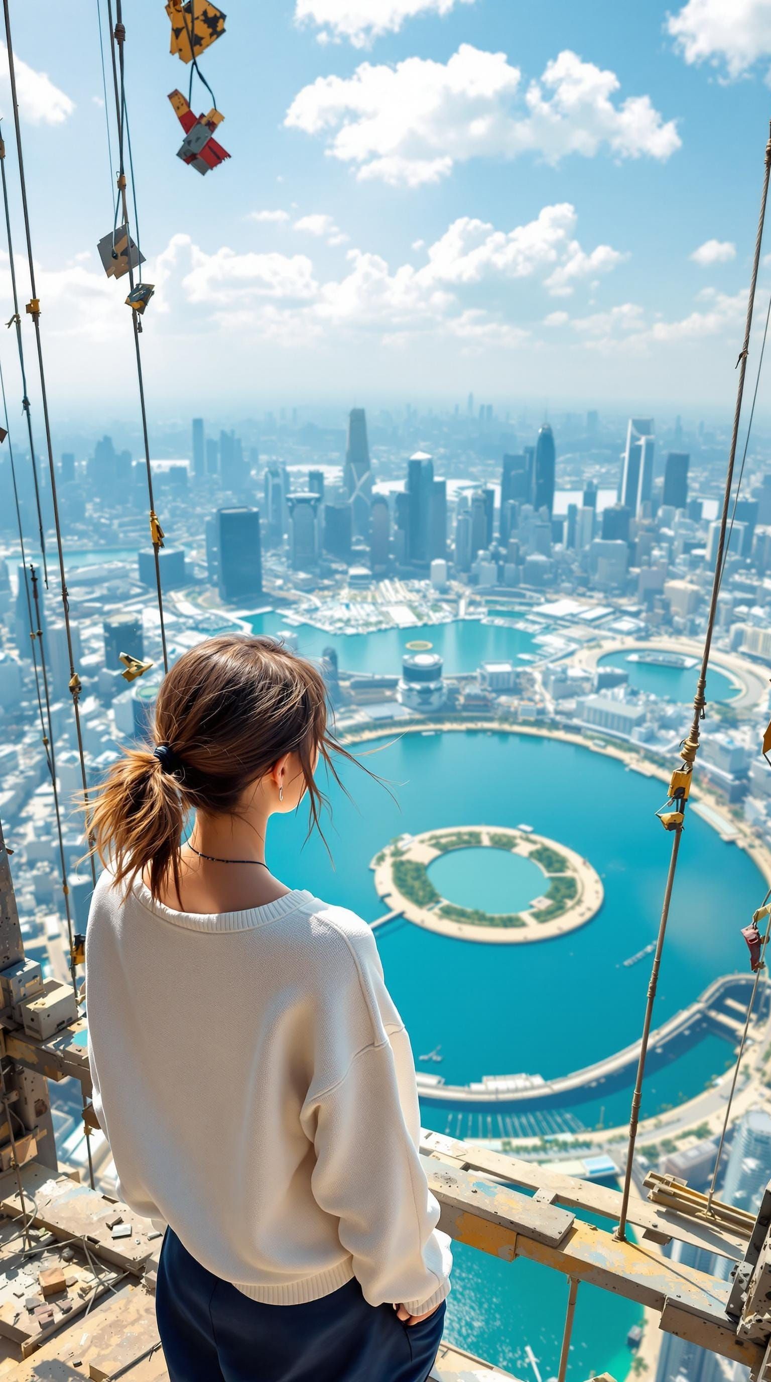 Young Woman Overlooks Modern Cityscape from Metallic Framewo...