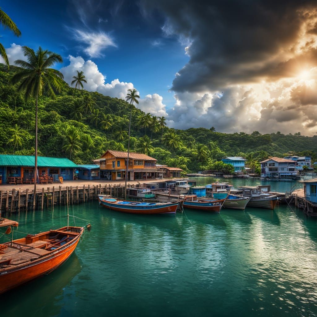 Tropical Harbor Scene in Hyperrealistic Detail