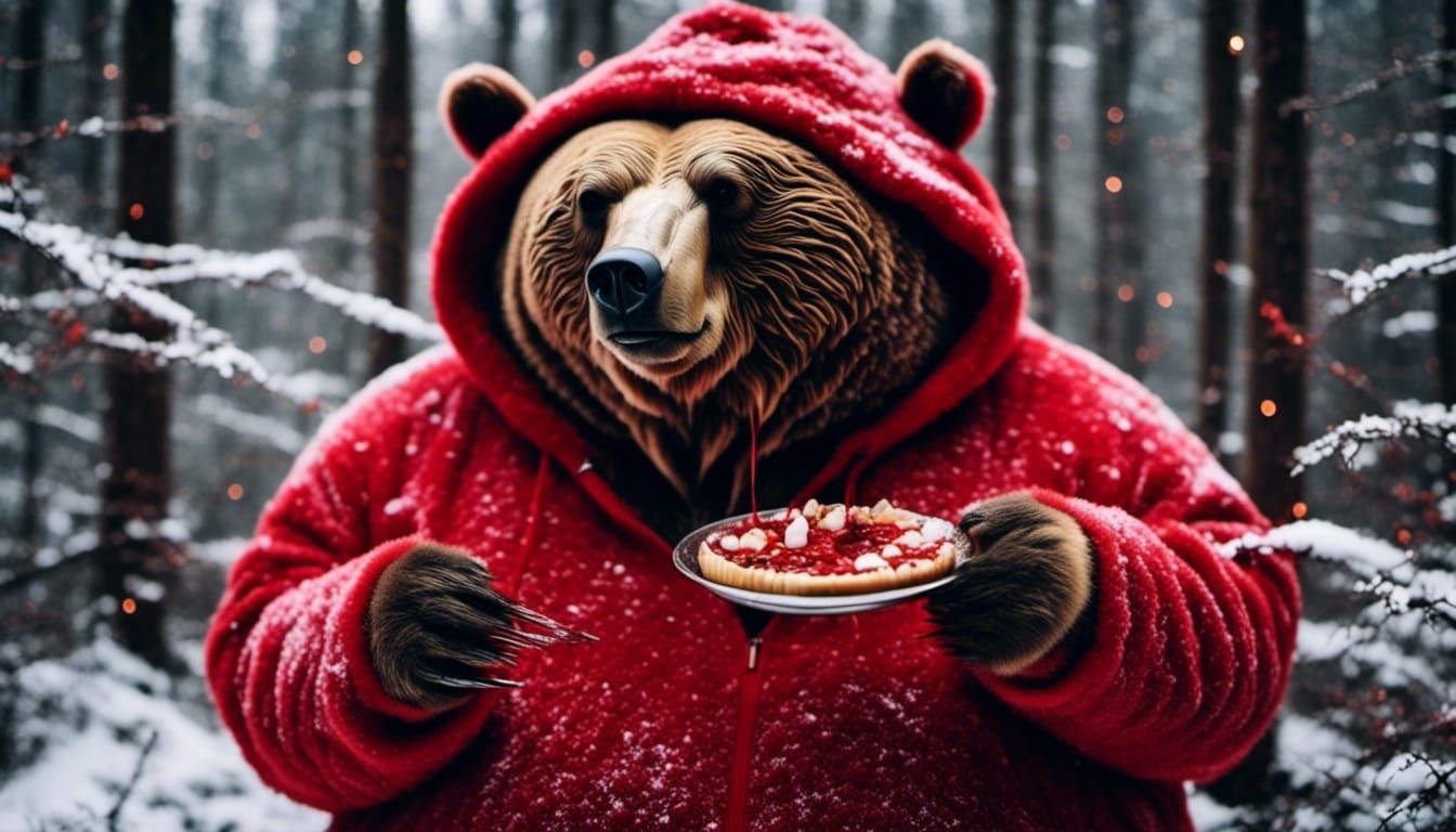 Obese Bear in Red Hoodie in Snowy Forest