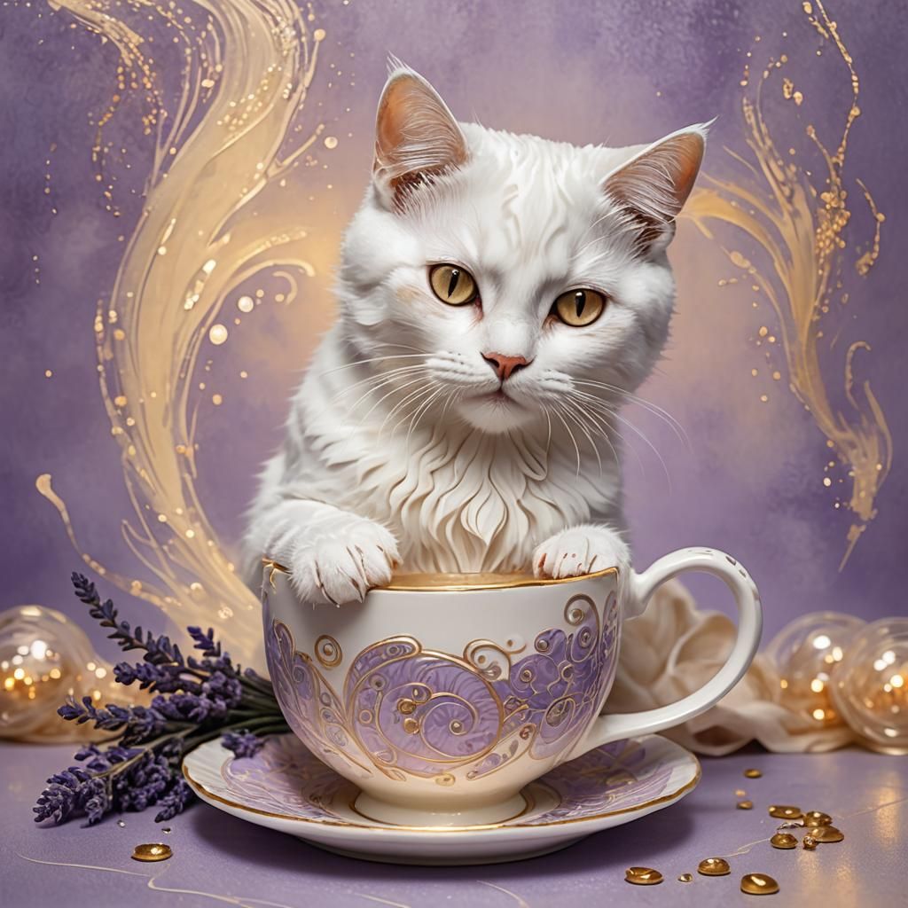 White Cat Drinks Milk in Ethereal Light