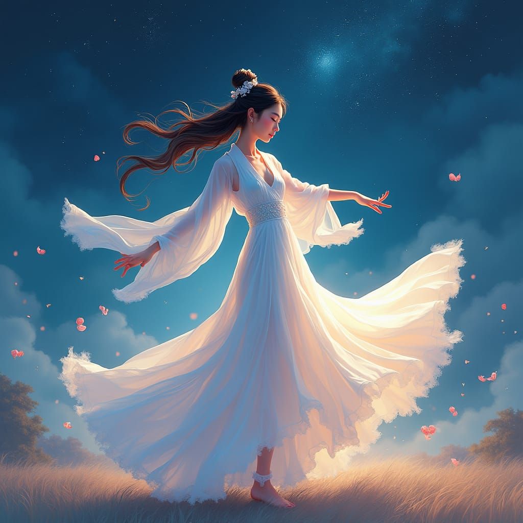 Woman Dancing in Starry Night: Watercolor Matte Painting