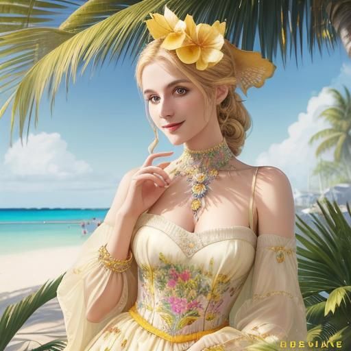 Blonde Woman in Floral Outfit on Sunny Beach