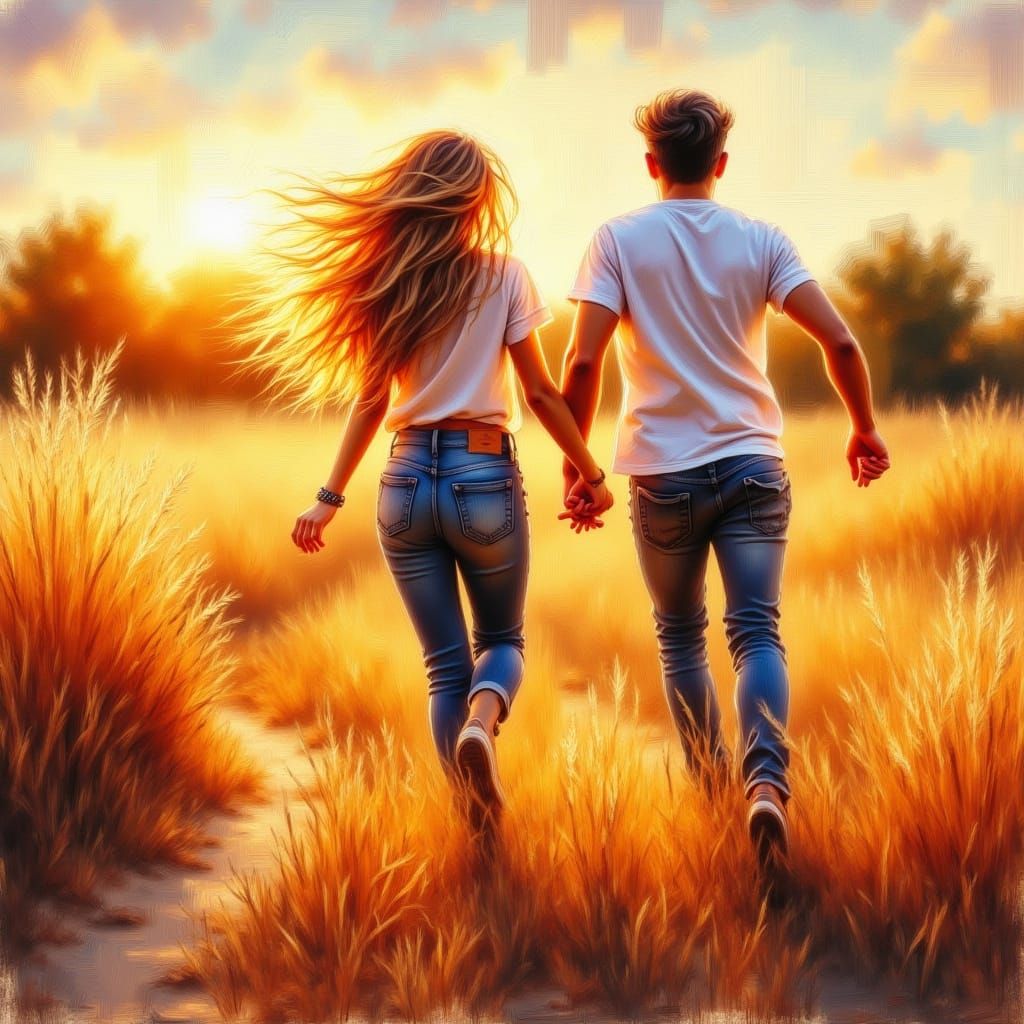 Romantic Couple Running Together in Golden Hour Light
