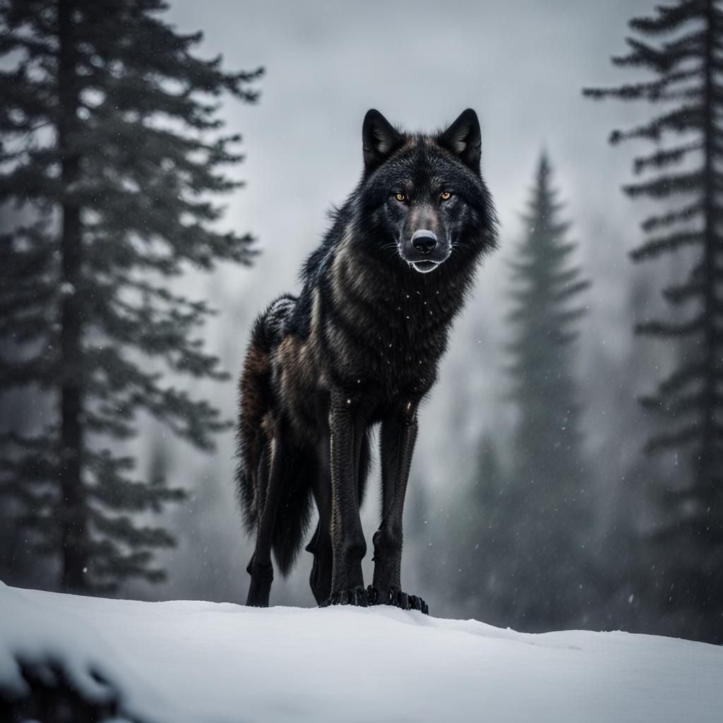Epic Black Wolf on Snowy Mountain