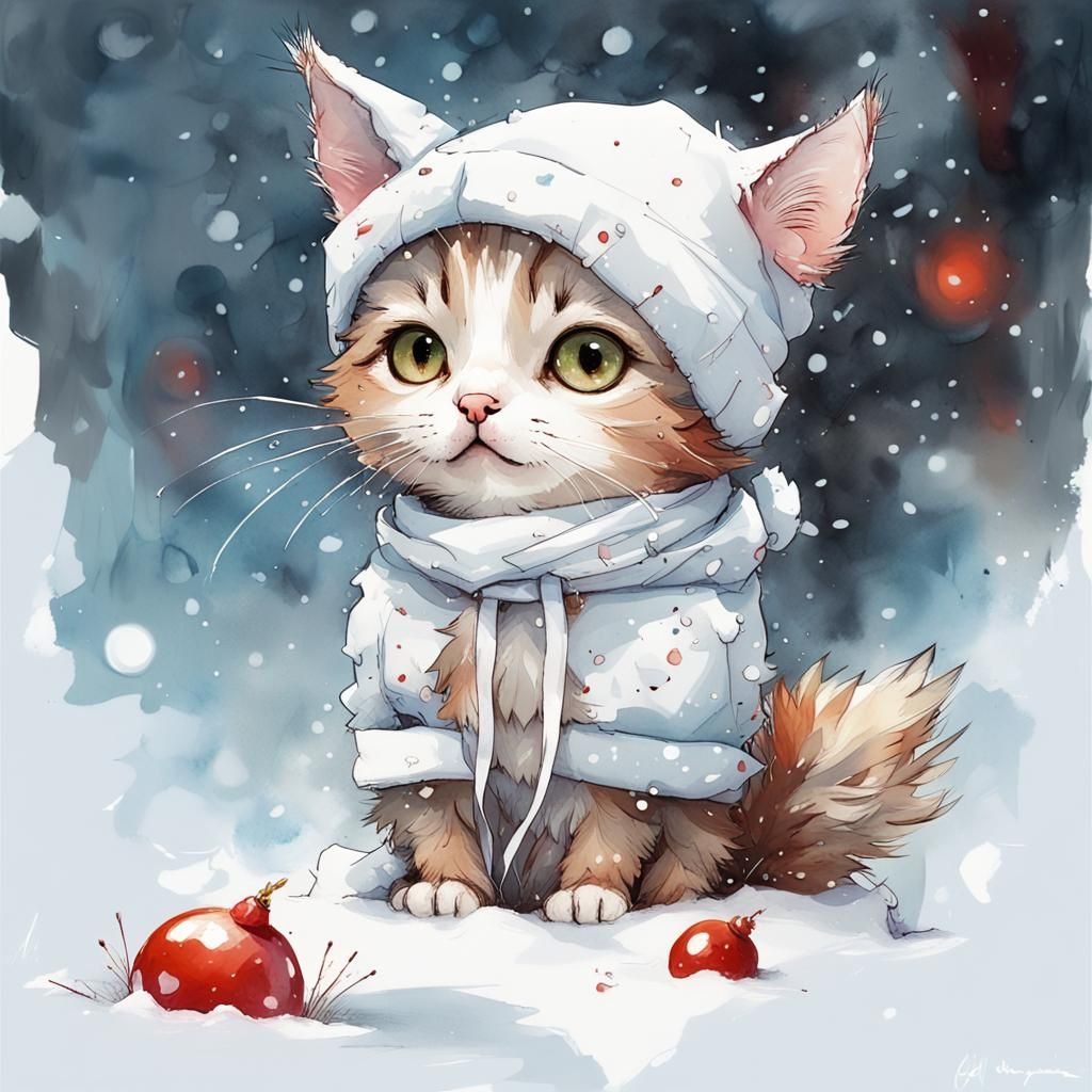 Chibi Cat with Wings in Christmas Snow, Watercolor Art