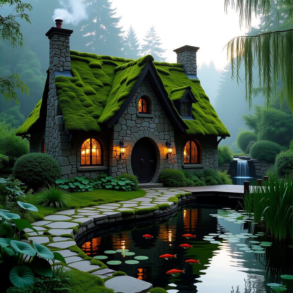 Mystical Cottage Beside Pond in Dreamy Landscape
