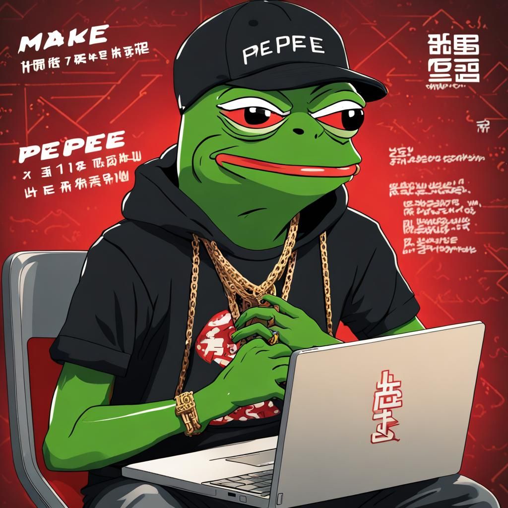 Make a meme with pepe the frog with binary code in red or green behind him like a background, pepe is
sitting behind hi...