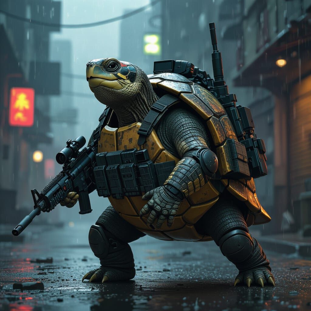 Cyberpunk Turtle with Machine Gun