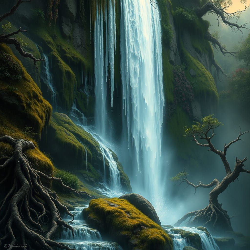 Ethereal Waterfall in a Soft, Warm Glow
