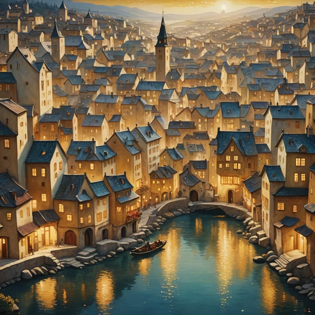 Heavenly Cityscape with Golden Streets in Abstract Style